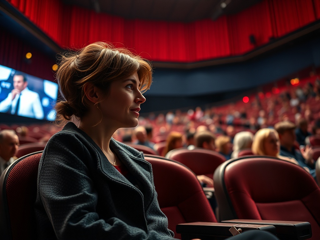Женщина сидит в кинотеатре, сосредоточенно смотря на экран с выступлением. В зале много людей.