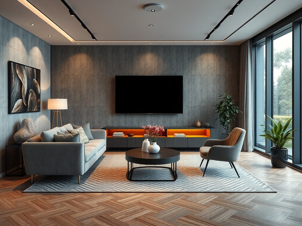 Современный уютный салон с диваном, телевизором и большими окнами, пропускающими свет и зелень извне.