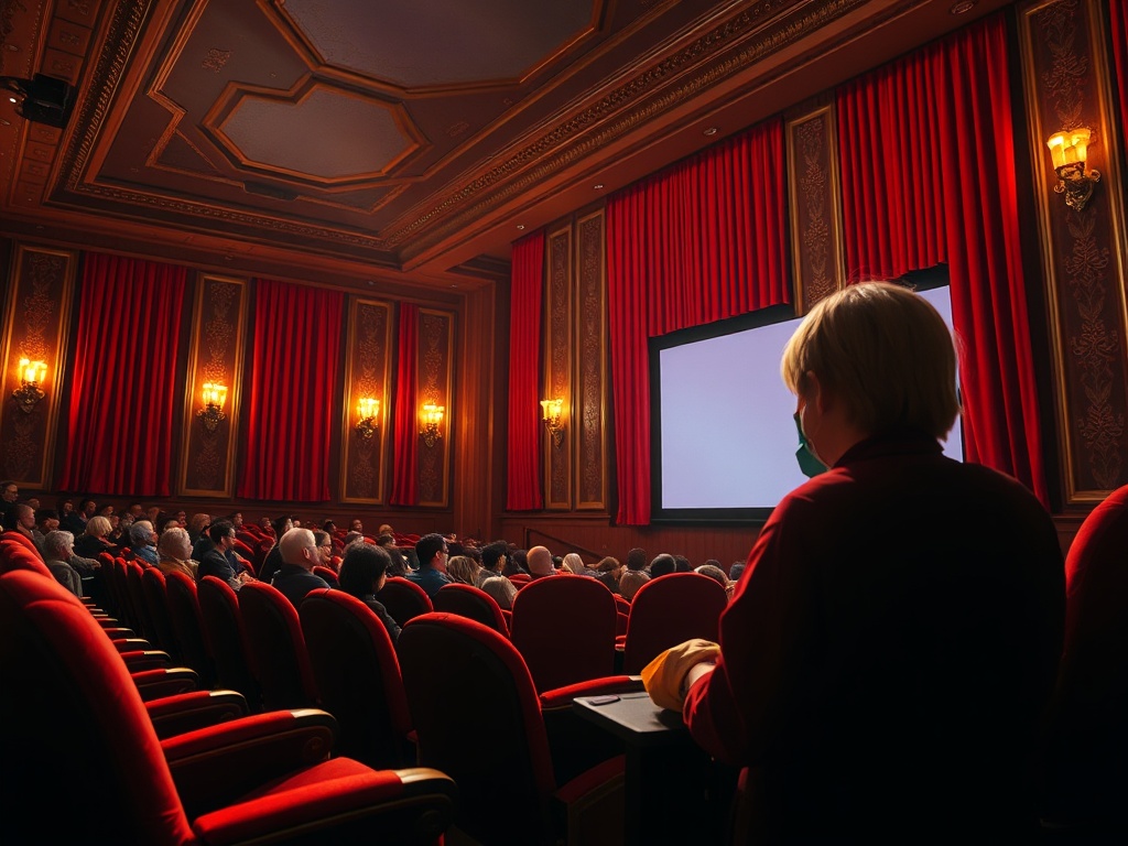 Зал кинотеатра с красными занавесками, зрителями и работником, стоящим у экрана.