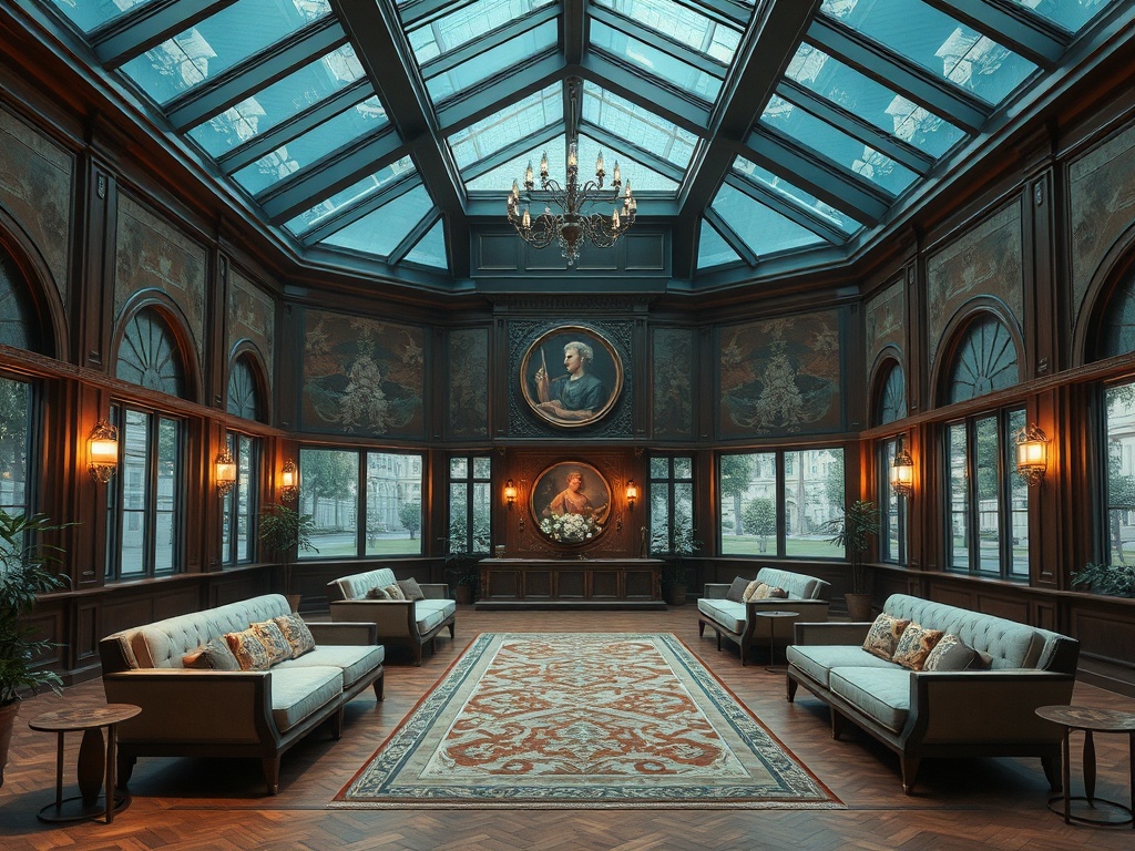 Элегантный зал с большими окнами, мягкой мебелью и яркими картинами на стенах. Светлая и уютная атмосфера.