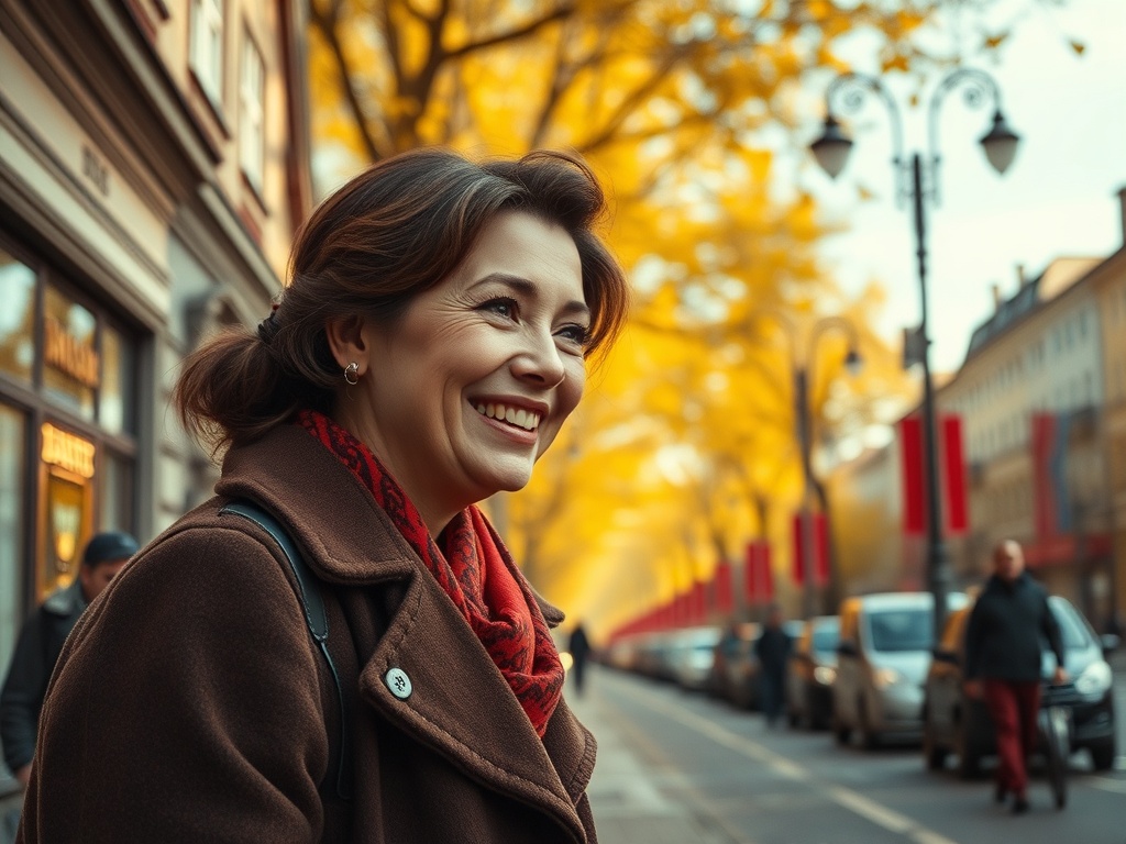 На улице женщины улыбается. Вокруг желтеют деревья, создавая осеннюю атмосферу.