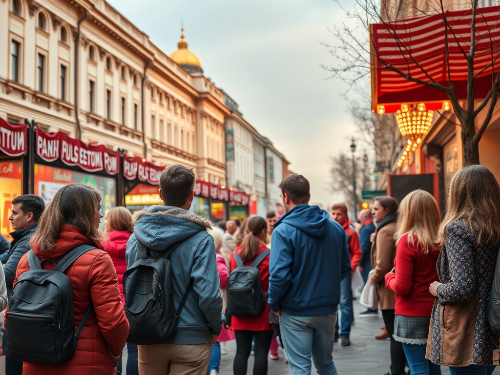Люди на улице стоят в ожидании, вокруг магазинов и ресторанов с яркими вывесками.