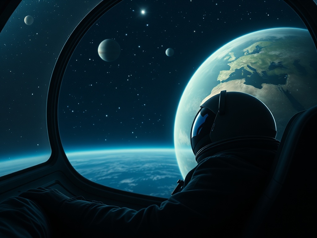 Космонавт наблюдает за Землёй и планетами из космического корабля в безмятежной тишине вселенной.
