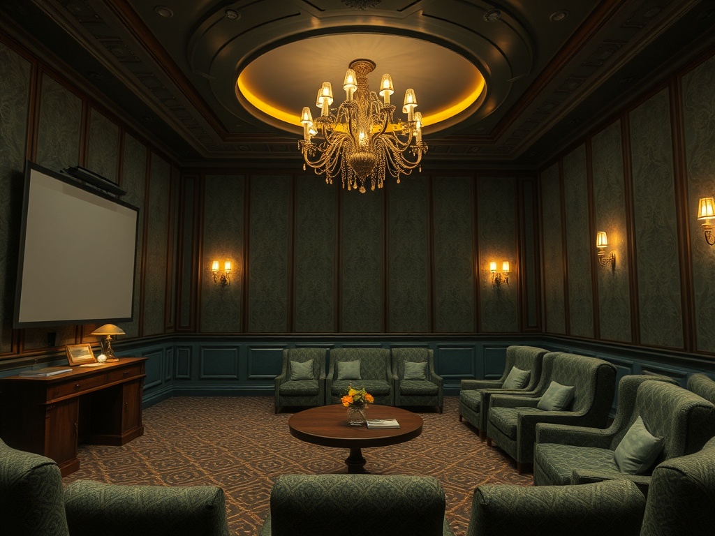 Уютная комната с зелеными диванами, большим столом и люстрой, подходит для встреч или отдыха.