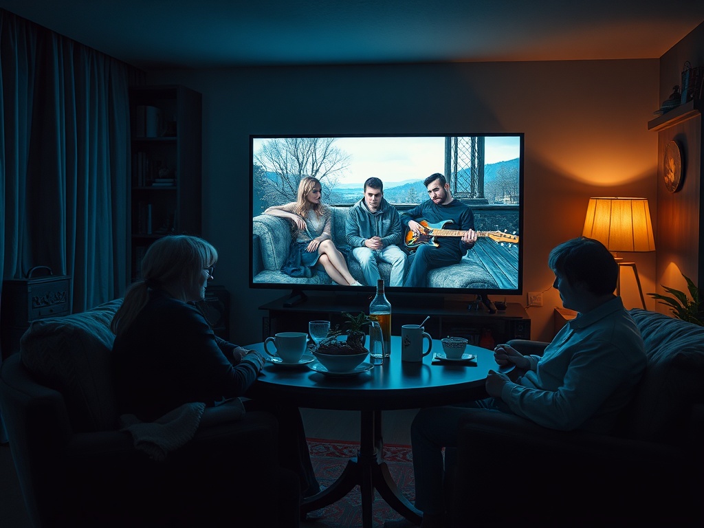 Трое людей наблюдают за фильмом на большом экране в уютной обстановке, освещённой лампой.