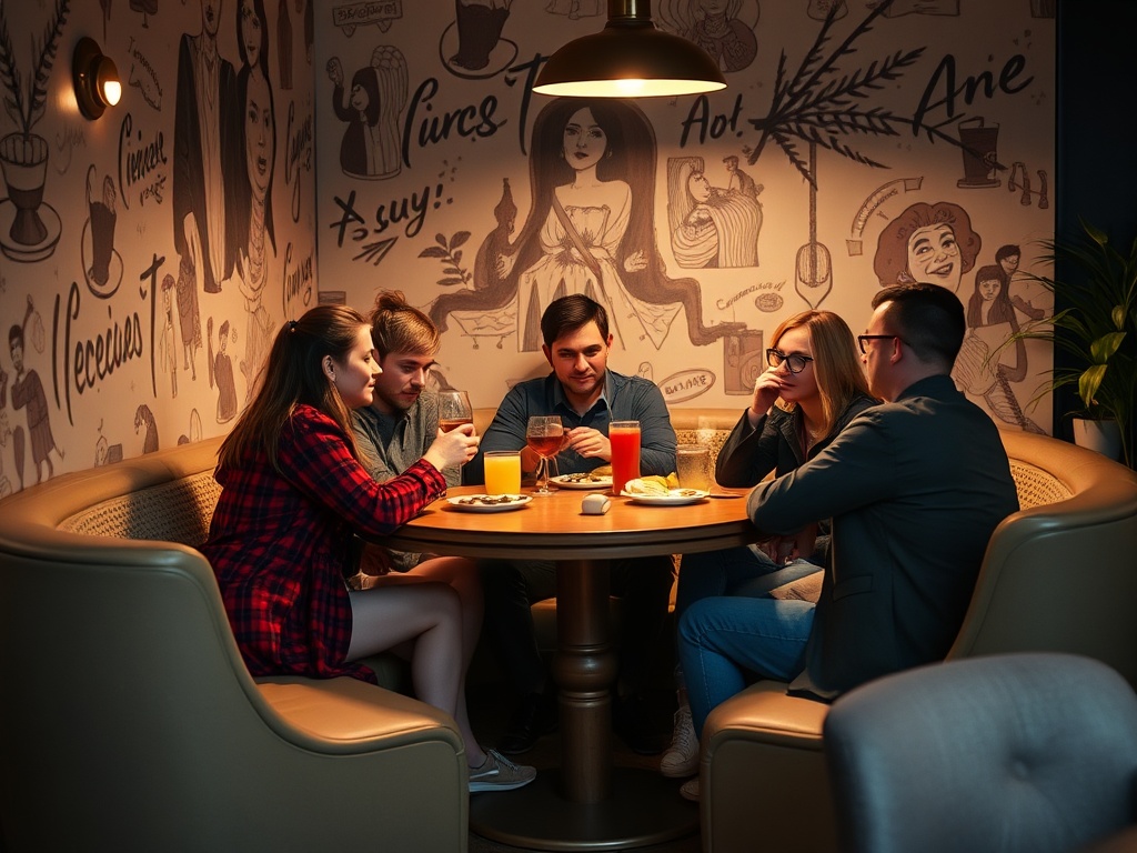 Компания из пяти человек обсуждает что-то за круглым столом в уютном кафе. На стенах картинки и надписи.