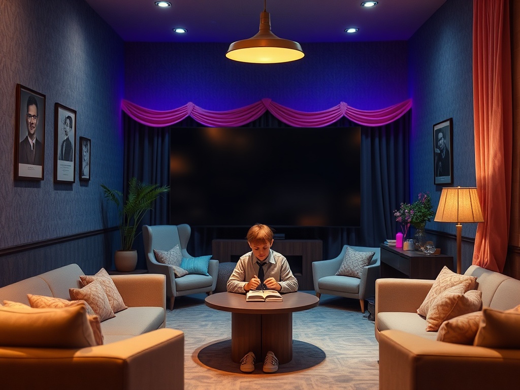 Мальчик читает книгу в уютной комнате с современным дизайном и мягким освещением.