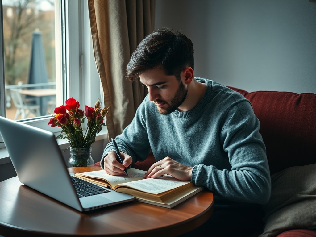 Молодой человек сидит за столом с ноутбуком, читает книгу и делает заметки, рядом с ним цветы.