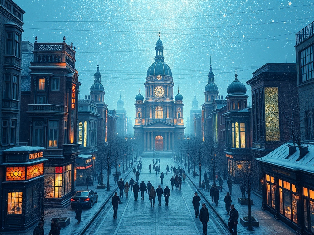 Зимний городской пейзаж с людьми на улице, украшенной огнями и снежными хлопьями.