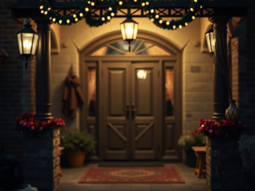 Уютный вход с дверью, гирляндами и цветами, создающий тёплую атмосферу вечером.