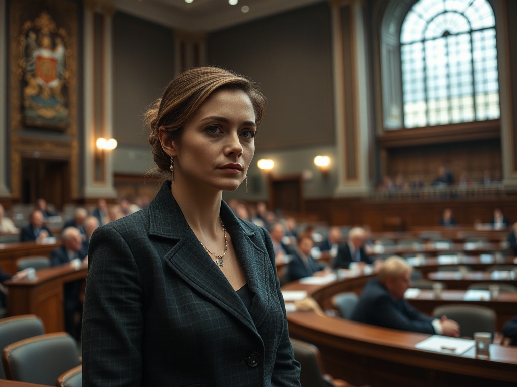 Женщина в деловом костюме стоит в зале заседаний, окружают мужчины в строгих костюмах за длинными столами.
