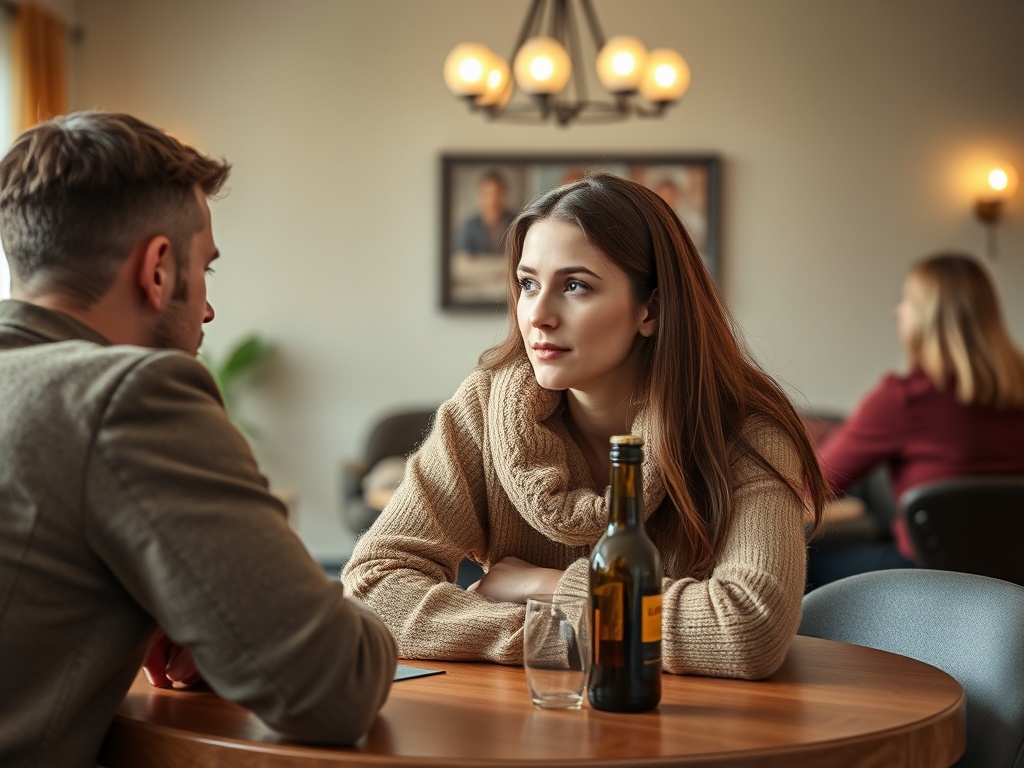 Два человека беседуют за столом в уютном кафе, на столе бутылка и стакан. Атмосфера спокойная и теплую.