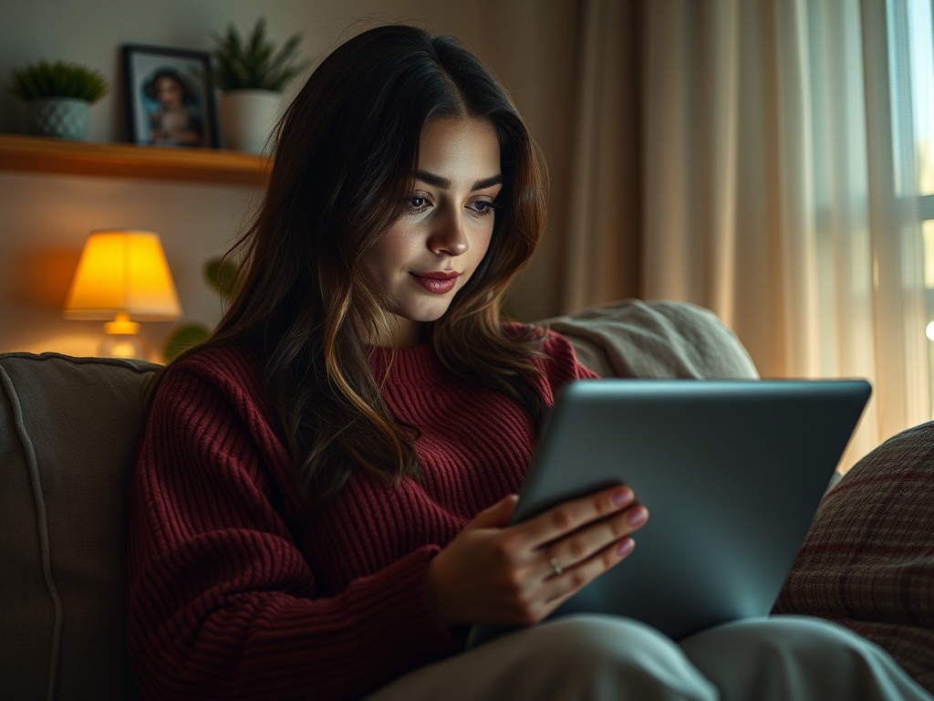 Молодая женщина сидит на диване с планшетом в руках, погружённая в чтение. Теплый свет лампы освещает комнату.