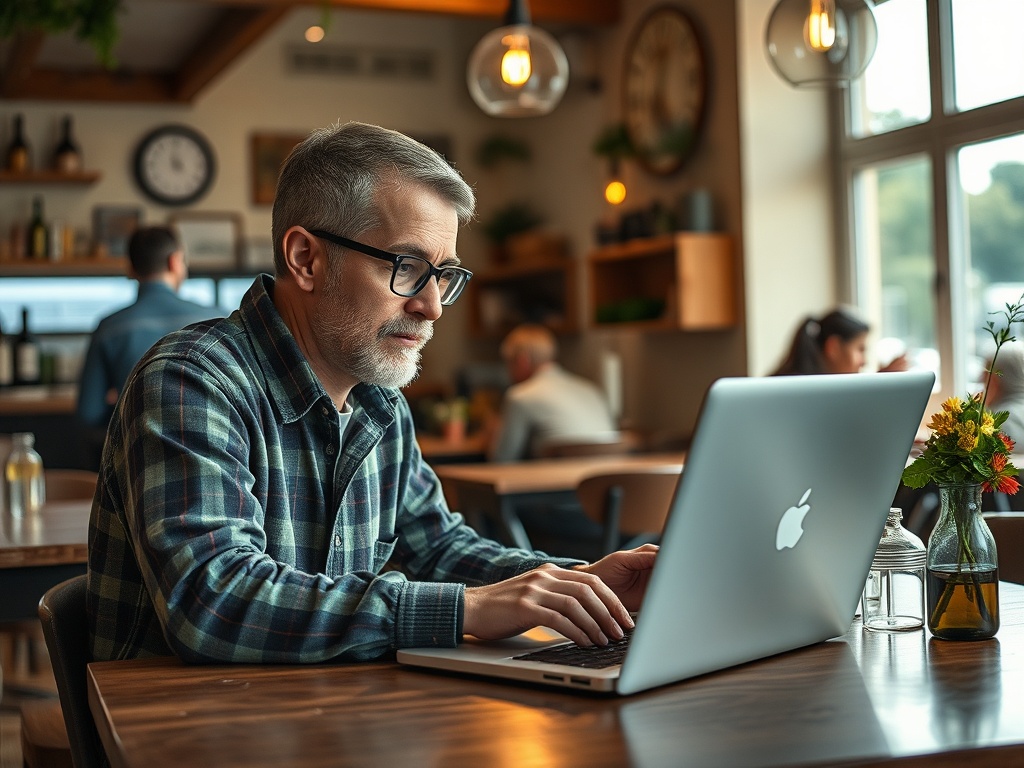Мужчина в очках работает за ноутбуком в кафе, окружающие люди наслаждаются атмосферой.