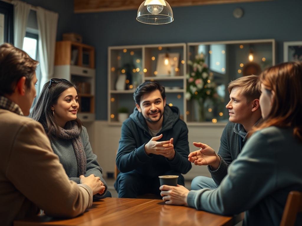 Группа друзей общается в уютной комнате, сидя за столом с чашками, окружённая мягким светом.