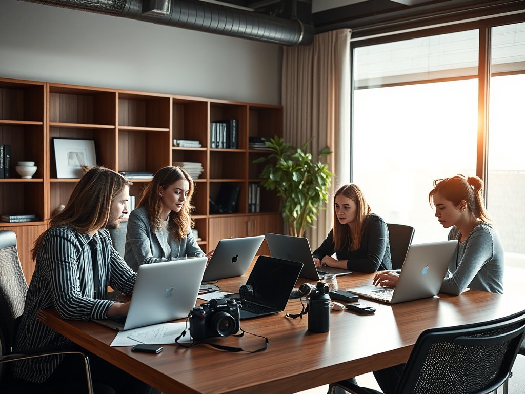 Четыре женщины работают в офисе за столом с ноутбуками и камерами. Яркий свет из окон.