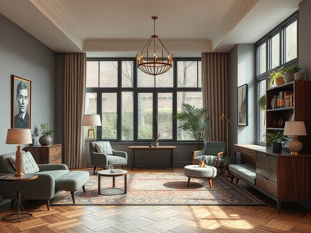 Уютная гостиная с большими окнами, зеленой мебелью и стильным декором на стенах.