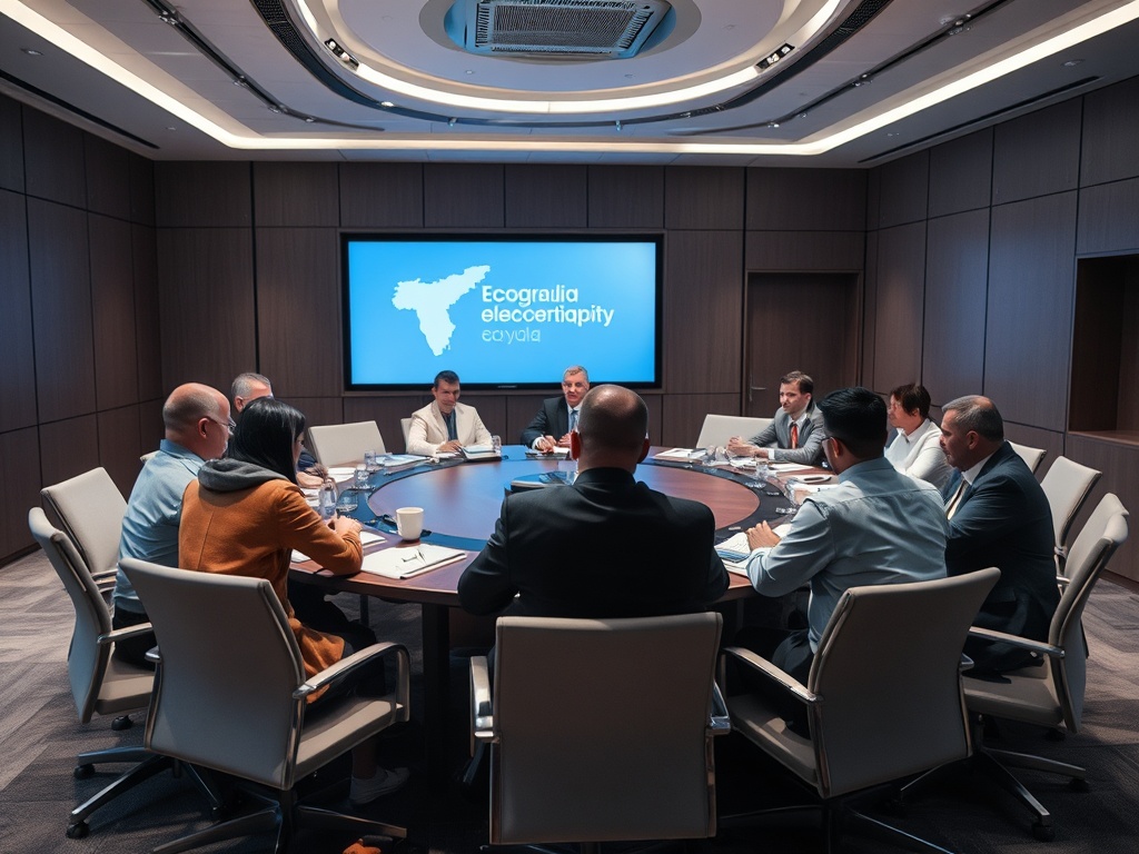 На заседании в конференц-зале обсуждаются вопросы экологии и энергетики. Участники за круглым столом.