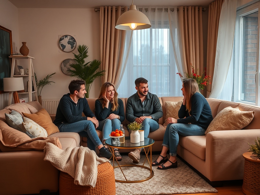 Четыре человека беседуют в уютной гостиной с мягкой мебелью и растениями в интерьере.