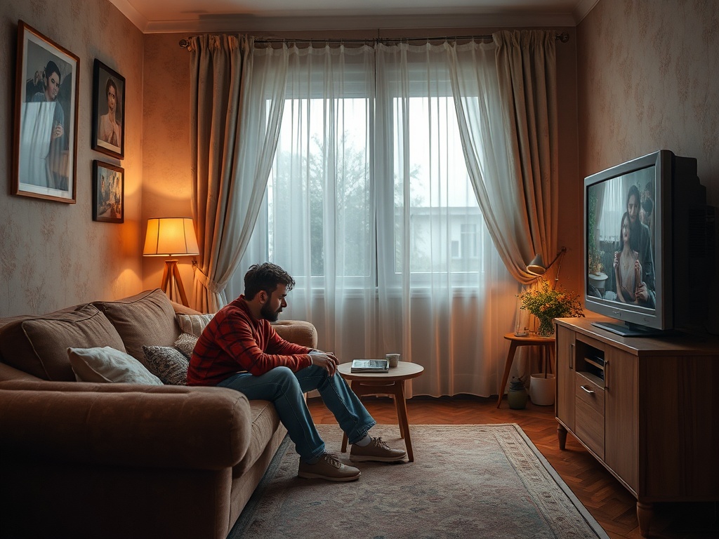 Молодой человек сидит на диване, смотрит телевизор в уютной комнате с мягким светом.