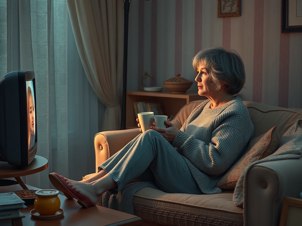 Пожилая женщина сидит на диване с чашкой чая и смотрит телевизор в уютной комнате.