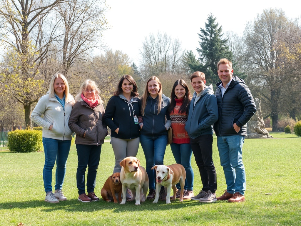 Группа людей на зеленом травяном газоне, рядом с собаками, на фоне деревьев и весеннего пейзажа.