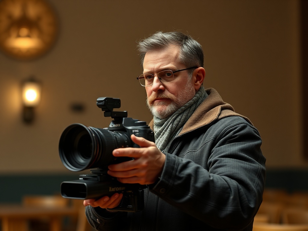 Человек с камерой в руках, одетый в кофта и шарф, смотрит в камеру с сосредоточенным выражением лица.