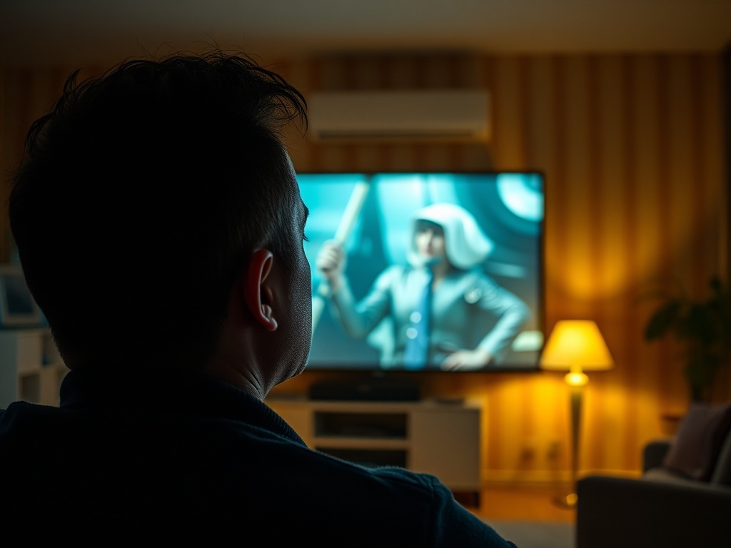 Мужчина смотрит телевизор, на экране изображен персонаж с оружием в футуристическом антураже.