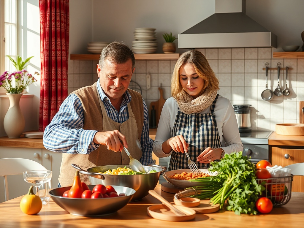 Два человека готовят еду на кухне, среди свежих овощей и фруктов, наслаждаясь процессом.