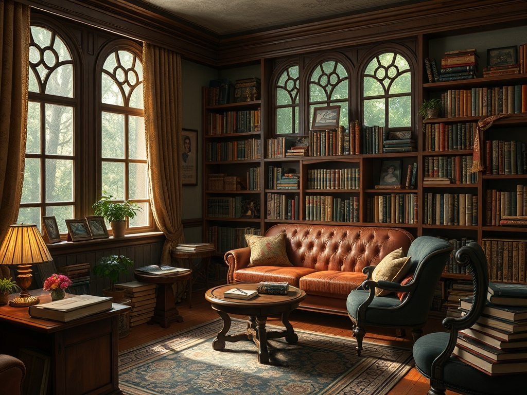 Уютная библиотека с кожаным диваном, книгами на полках и светом, проникающим через окна.