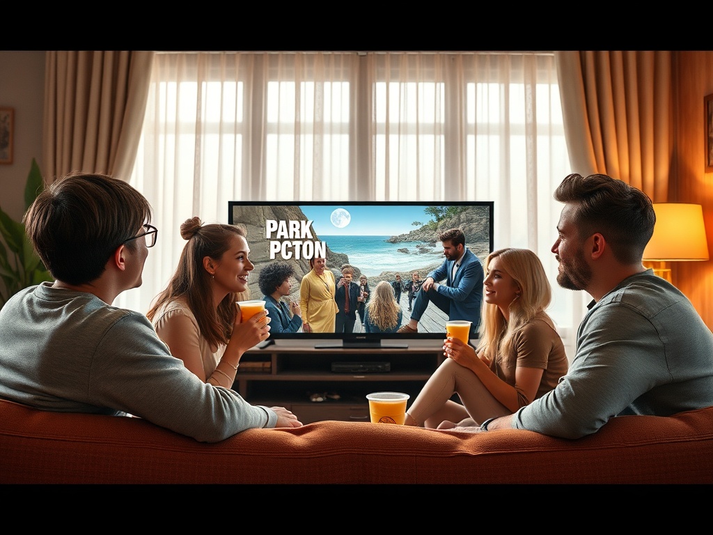 Компания друзей смотрит сериал на диване с напитками в руках. На экране название шоу "PARK PCTON".