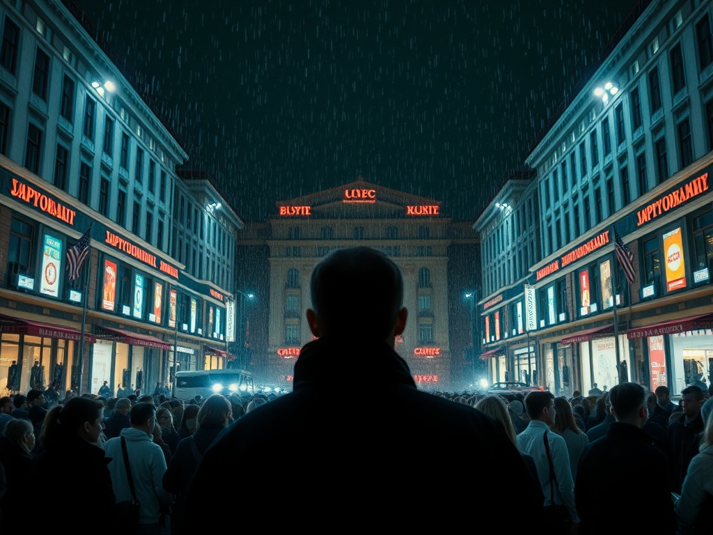 На улице дождь, люди собираются на площади между зданиями с яркой рекламой. Сцена вечером.