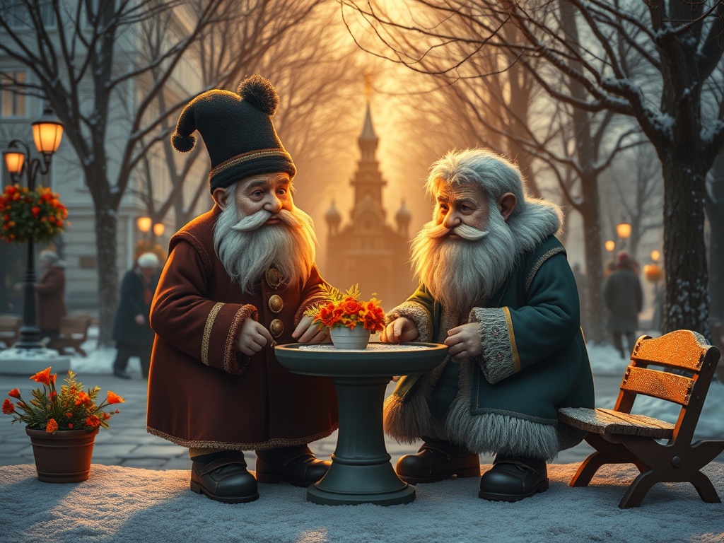 Два веселых гнома беседуют за столом в зимнем парке, вокруг снежные ели и мягкий свет фонарей.