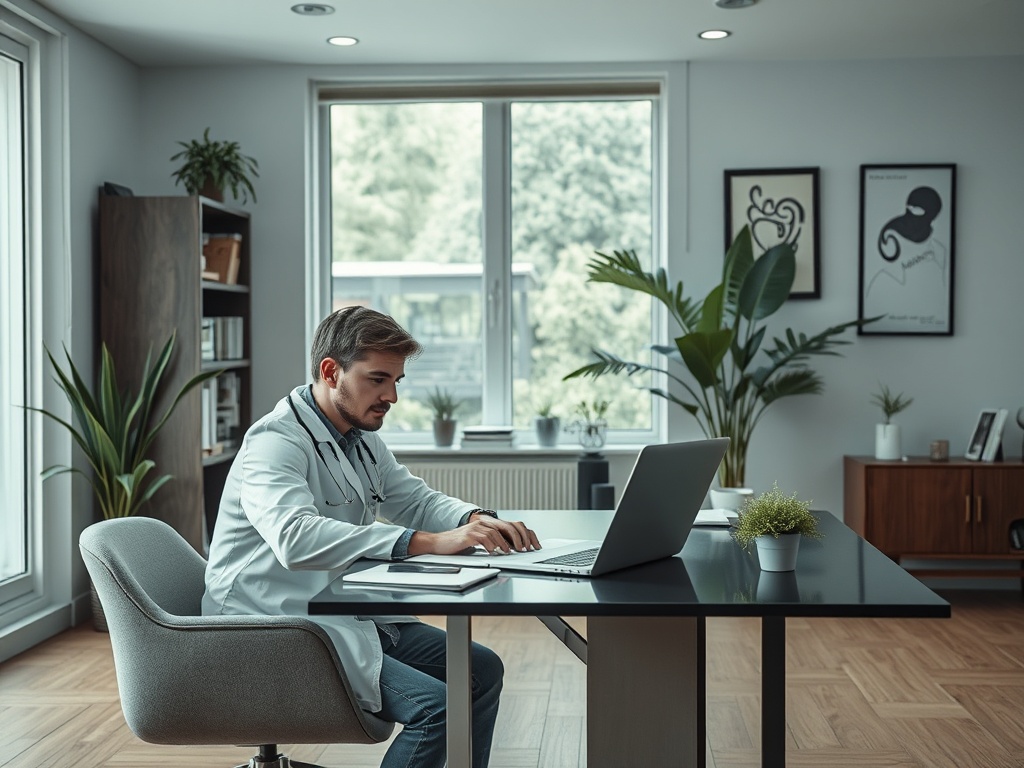 Молодой врач в белом халате работает за ноутбуком в современном офисе с зелеными растениями.