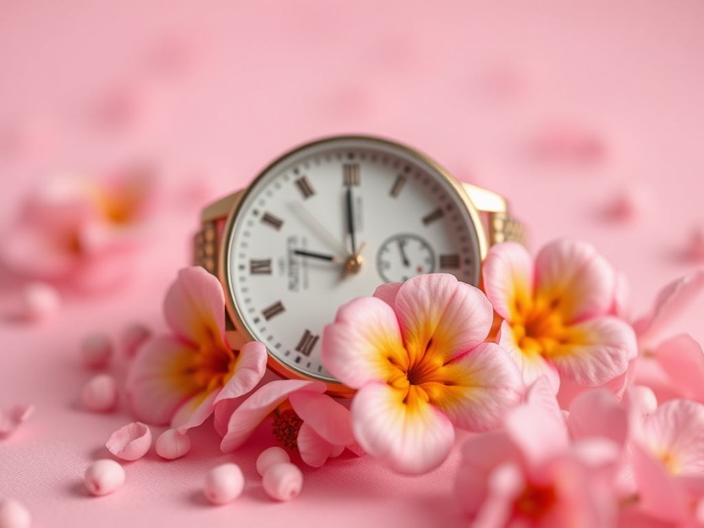 Часы на фоне розовых цветов и нежного фона, символизирующие красоту и элегантность.