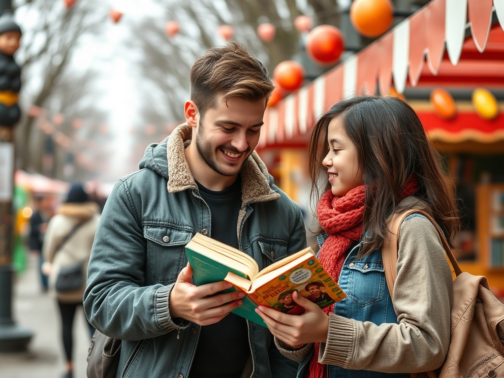 На изображении пара улыбается, рассматривая книгу на ярком мероприятии на улице.