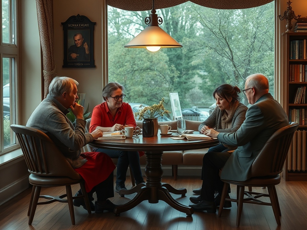 Четыре человека обсуждают что-то важное за круглым столом в уютном кафе. За окном виден зелёный пейзаж.