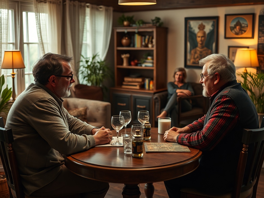 Два мужчины беседуют за столом, женщина сидит на диване в уютной комнате с мягким освещением.