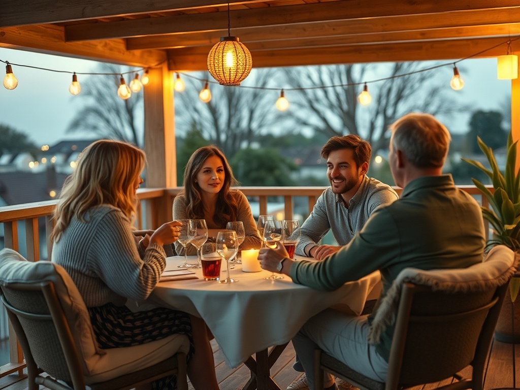 Четыре человека наслаждаются ужином на улице, обсуждая и смеясь под мягким светом фонарей.