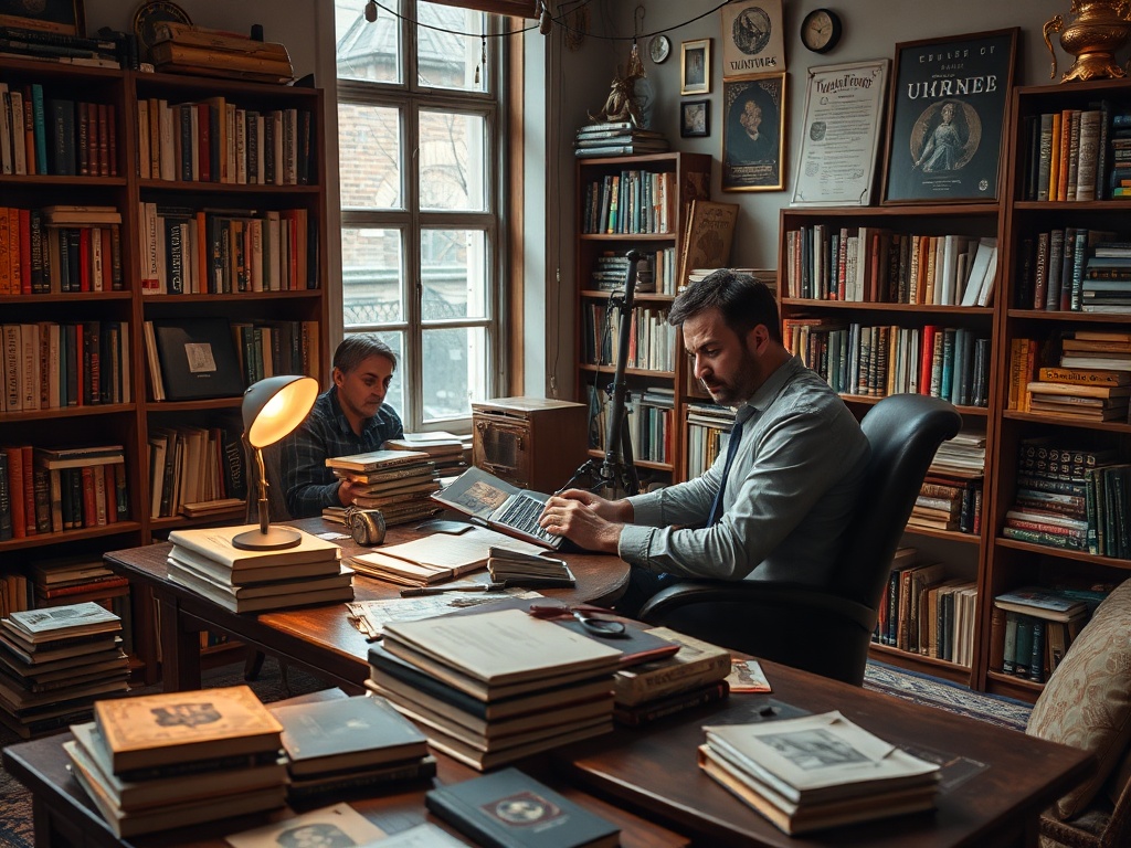 Два человека в библиотеке, занимаются чтением и обсуждением книг, окруженные стеллажами с литературой.