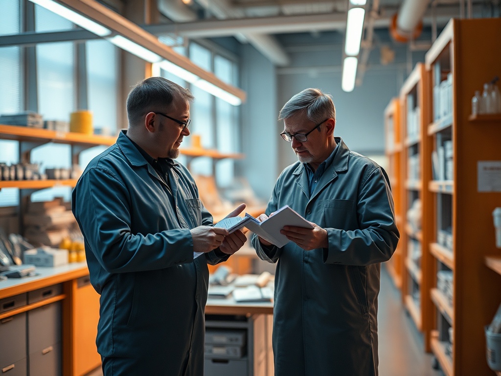 Два человека в лабораторных халатах обсуждают книги в современном исследовательском центре.