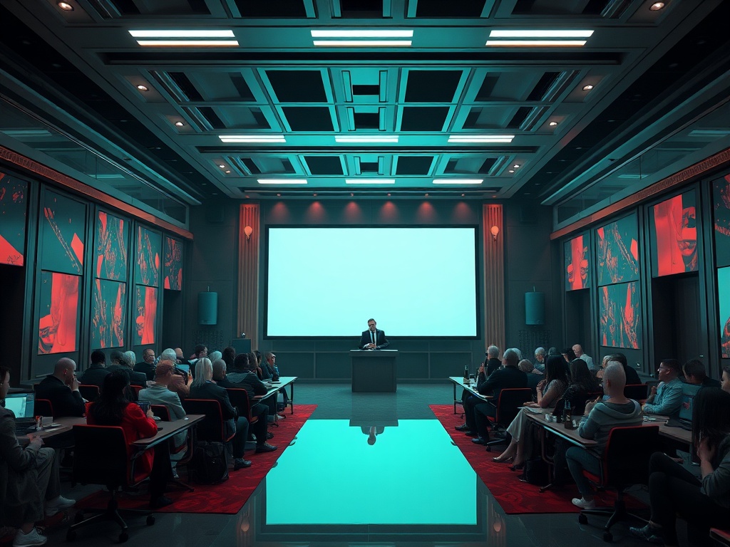 В зале для конференций выступает спикер, аудитория внимательно слушает и смотрит на экран.