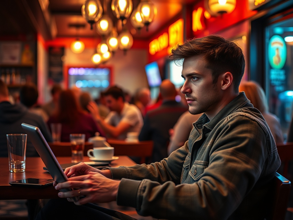 Молодой человек работает за ноутбуком в кафе, вокруг него множество посетителей и приглушённый свет.