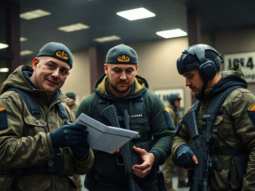 В группе мужчины в военной форме обсуждают планы, держа документы и оружие в руках.