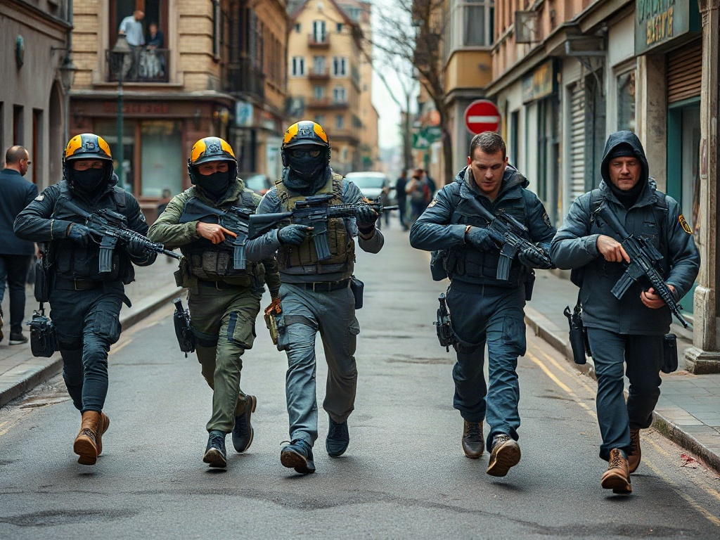 На улице идут четверо мужчин в военной форме с оружием, готовые к действию. Туманная атмосфера города.