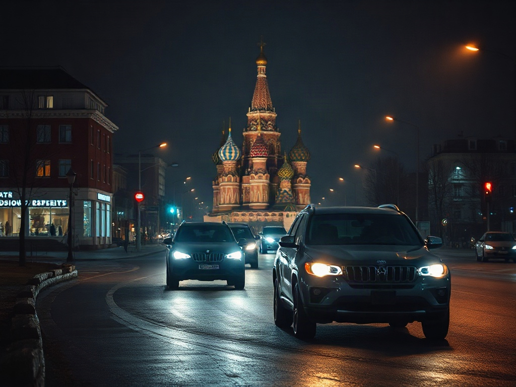 Ночной город с машинами и Собором Василия Блаженного на фоне. Улицы освещены уличными фонарями.